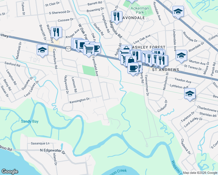 map of restaurants, bars, coffee shops, grocery stores, and more near 18 Huguenot Avenue in Charleston