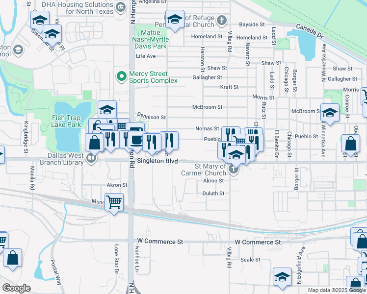 map of restaurants, bars, coffee shops, grocery stores, and more near 1939 Toronto St in Dallas