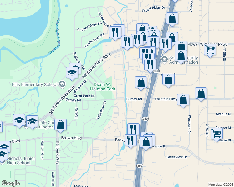 map of restaurants, bars, coffee shops, grocery stores, and more near 2505 Whisper Ridge Ln in Arlington