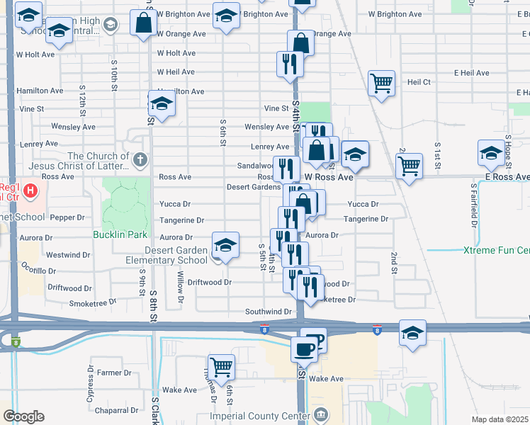 map of restaurants, bars, coffee shops, grocery stores, and more near 1463 1523 1543 1563 1583 Street in El Centro