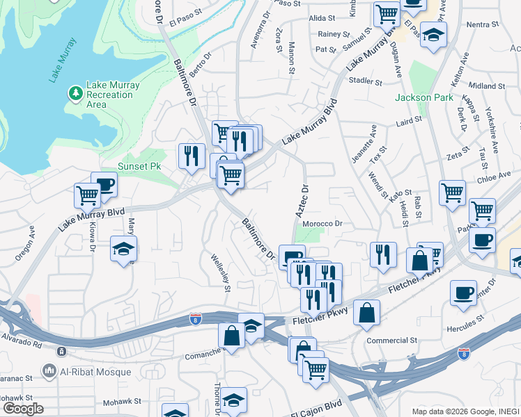 map of restaurants, bars, coffee shops, grocery stores, and more near 5405 Baltimore Drive in La Mesa