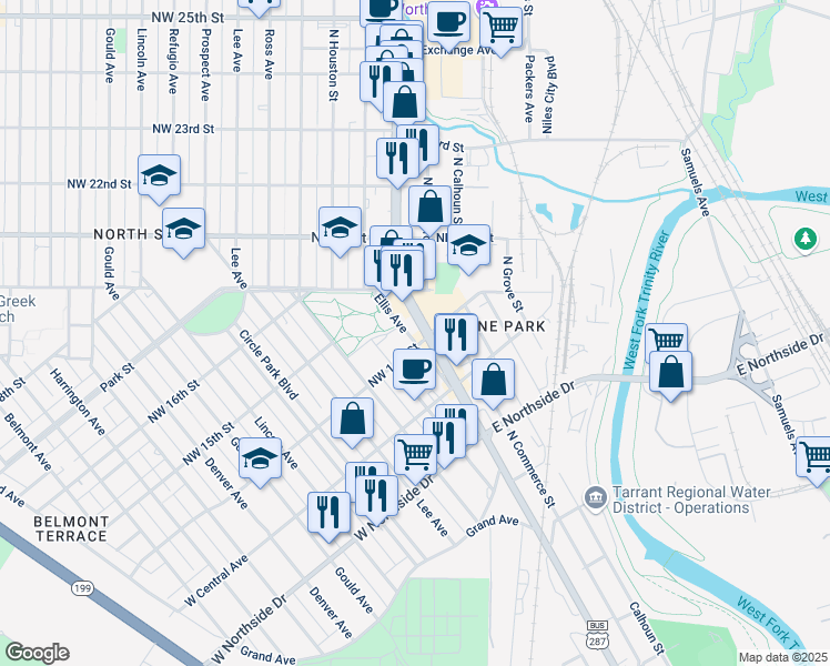 map of restaurants, bars, coffee shops, grocery stores, and more near 1501 North Main Street in Fort Worth