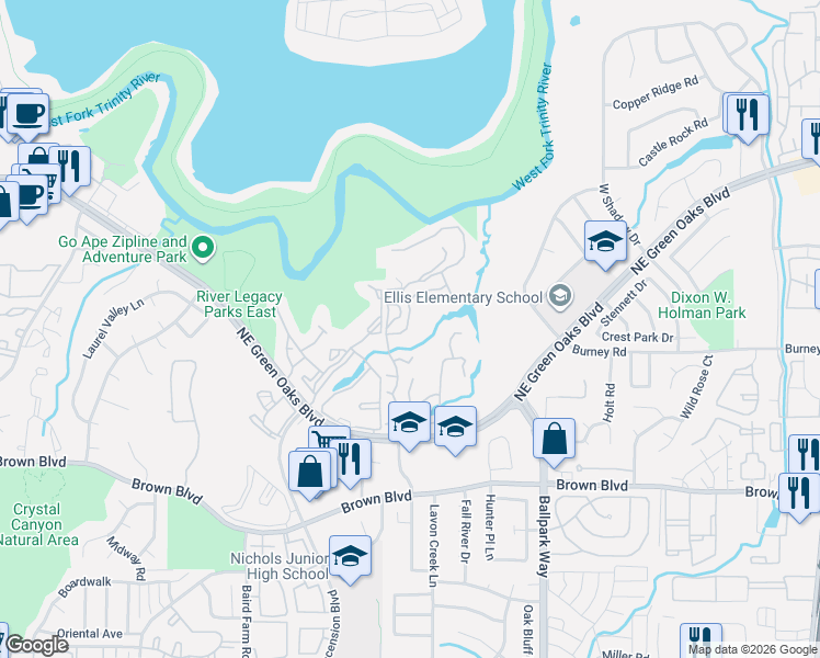 map of restaurants, bars, coffee shops, grocery stores, and more near 2721 Hidden Meadow Drive in Arlington