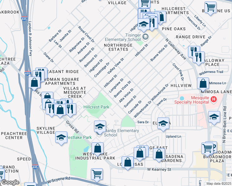map of restaurants, bars, coffee shops, grocery stores, and more near 1319 Buena Vista Street in Mesquite