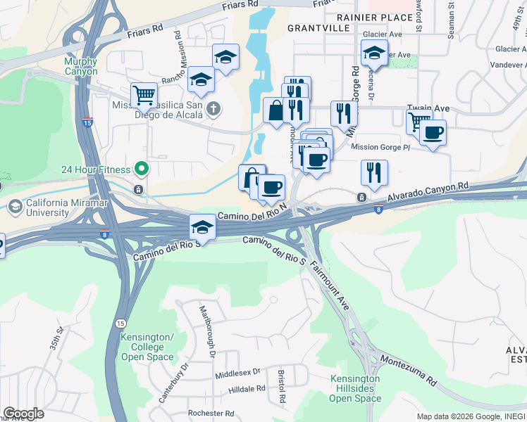 map of restaurants, bars, coffee shops, grocery stores, and more near 4252 Camino Del Rio North in San Diego