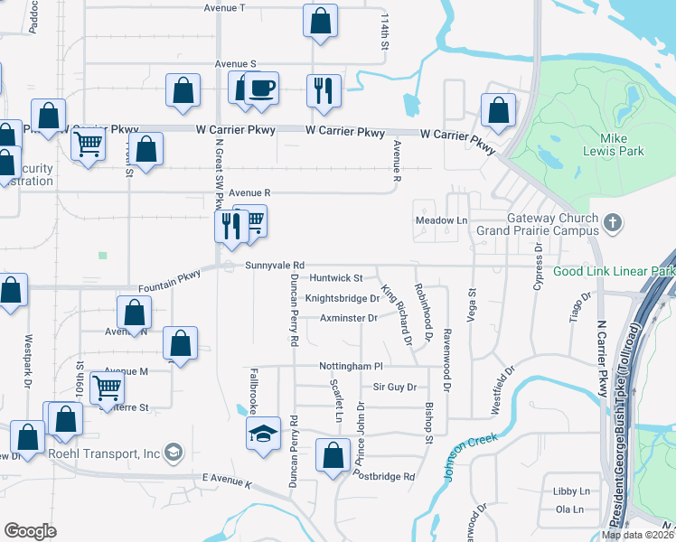 map of restaurants, bars, coffee shops, grocery stores, and more near 2522 Huntwick St in Grand Prairie