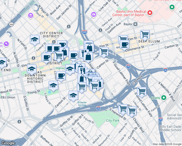 map of restaurants, bars, coffee shops, grocery stores, and more near 2134 Canton Street in Dallas