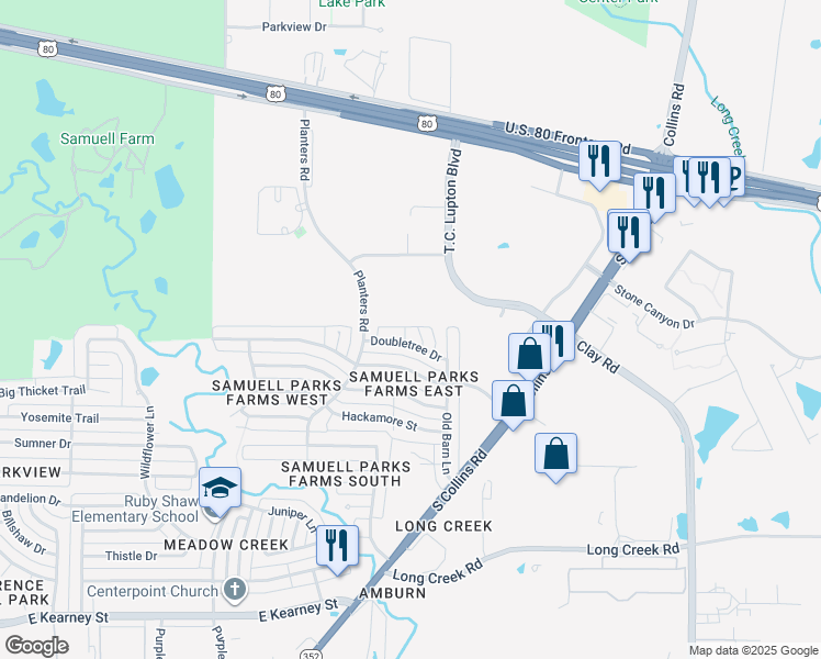 map of restaurants, bars, coffee shops, grocery stores, and more near 1631 Doubletree Drive in Mesquite