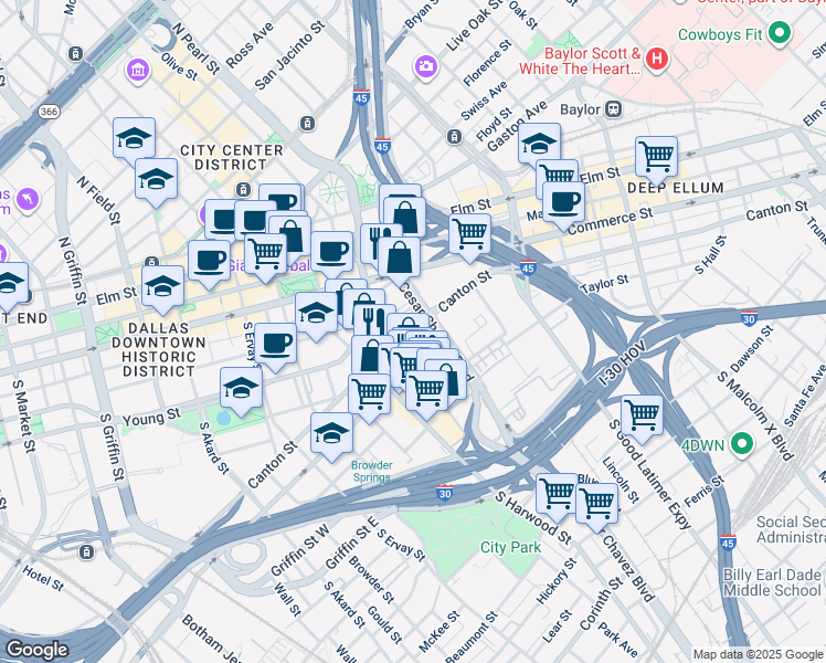 map of restaurants, bars, coffee shops, grocery stores, and more near 2138 Canton Street in Dallas