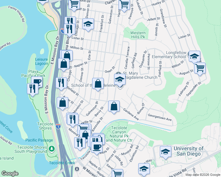 map of restaurants, bars, coffee shops, grocery stores, and more near 1875 Illion Street in San Diego