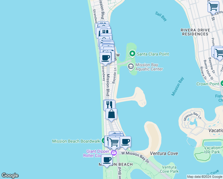map of restaurants, bars, coffee shops, grocery stores, and more near 3578 Bayside Lane in San Diego