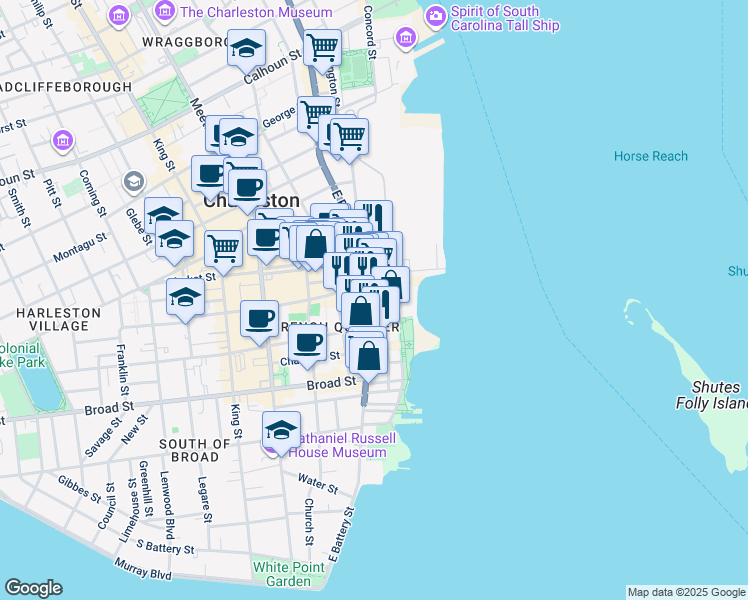 map of restaurants, bars, coffee shops, grocery stores, and more near 2 Vendue Range Street in Charleston