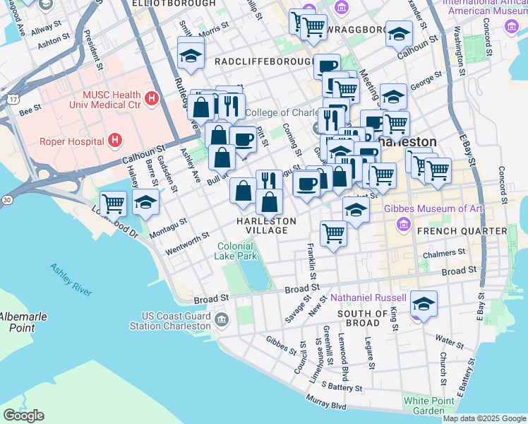 map of restaurants, bars, coffee shops, grocery stores, and more near 159 Wentworth Street in Charleston