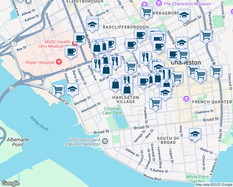 map of restaurants, bars, coffee shops, grocery stores, and more near 159 Wentworth Street in Charleston