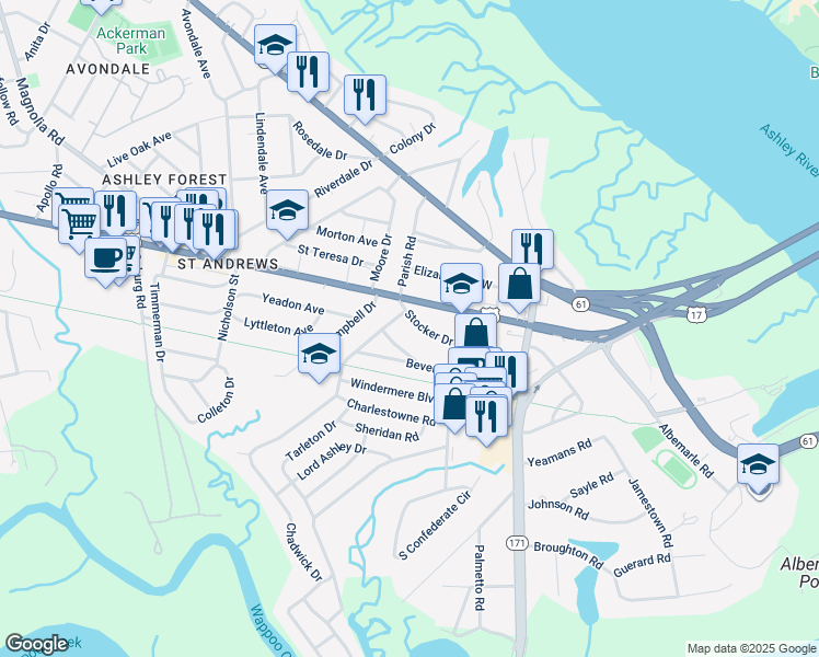 map of restaurants, bars, coffee shops, grocery stores, and more near 42 Berkeley Road in Charleston