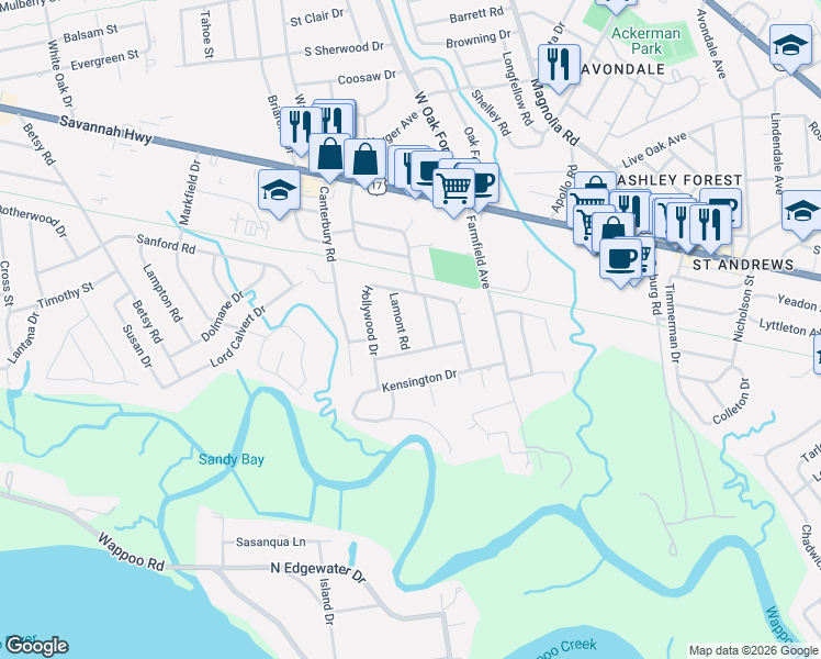 map of restaurants, bars, coffee shops, grocery stores, and more near 312 Lamont Road in Charleston