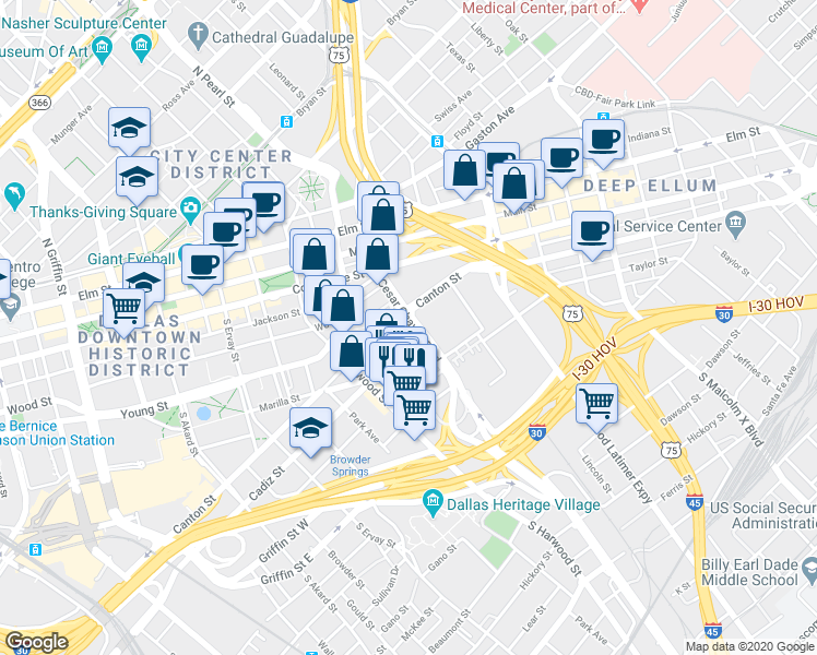 map of restaurants, bars, coffee shops, grocery stores, and more near 510 South Central Expressway in Dallas