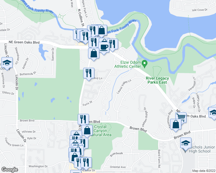 map of restaurants, bars, coffee shops, grocery stores, and more near 2714 Trinity Bend Circle in Arlington