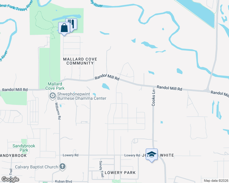 map of restaurants, bars, coffee shops, grocery stores, and more near 204 Ridgeland Oak Drive in Fort Worth