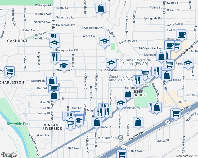 map of restaurants, bars, coffee shops, grocery stores, and more near in Fort Worth