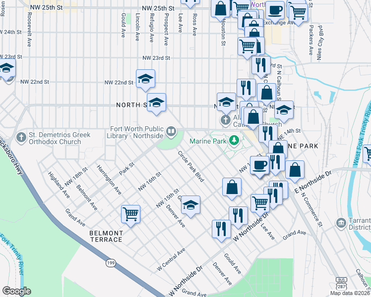 map of restaurants, bars, coffee shops, grocery stores, and more near 1624 Circle Park Boulevard in Fort Worth