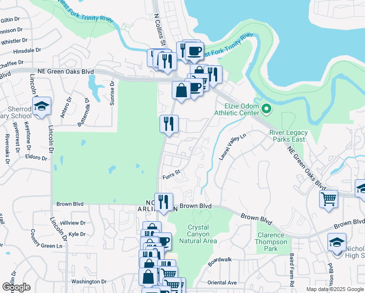 map of restaurants, bars, coffee shops, grocery stores, and more near 2713 North Collins Street in Arlington