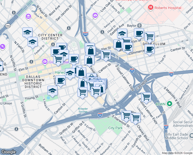 map of restaurants, bars, coffee shops, grocery stores, and more near 510 South Central Expressway in Dallas