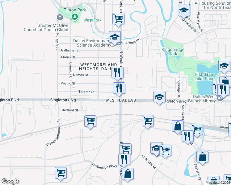 map of restaurants, bars, coffee shops, grocery stores, and more near Toronto Street in Dallas