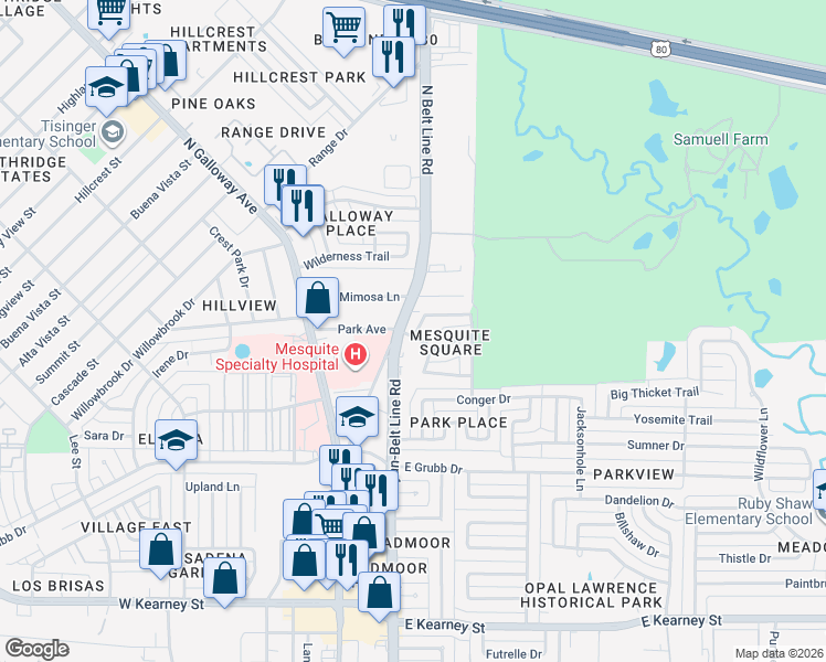 map of restaurants, bars, coffee shops, grocery stores, and more near 105 Montego Drive in Mesquite