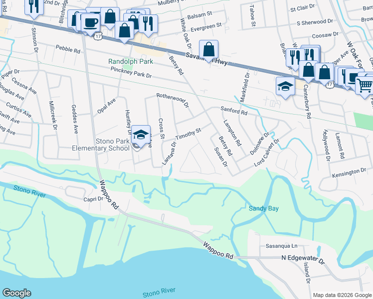 map of restaurants, bars, coffee shops, grocery stores, and more near 327 McClain Street in Charleston