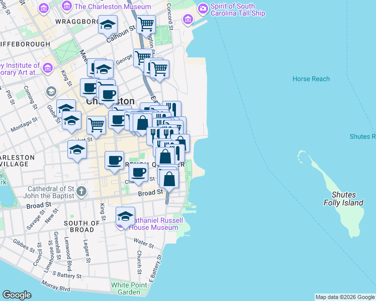 map of restaurants, bars, coffee shops, grocery stores, and more near 176 Concord Street in Charleston