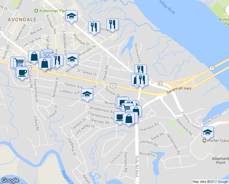 map of restaurants, bars, coffee shops, grocery stores, and more near 34 Stocker Drive in Charleston