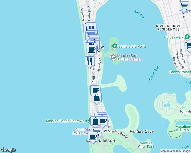 map of restaurants, bars, coffee shops, grocery stores, and more near 3578 Bayside Lane in San Diego
