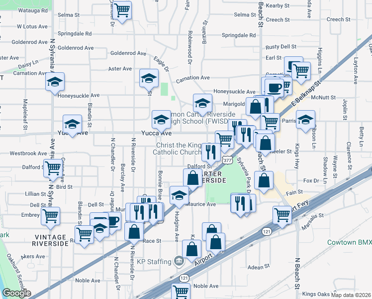 map of restaurants, bars, coffee shops, grocery stores, and more near 1121 Karnes Street in Fort Worth
