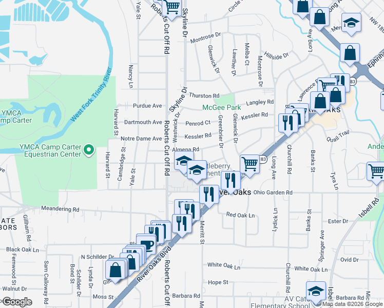 map of restaurants, bars, coffee shops, grocery stores, and more near 5124 Tulane Avenue in River Oaks