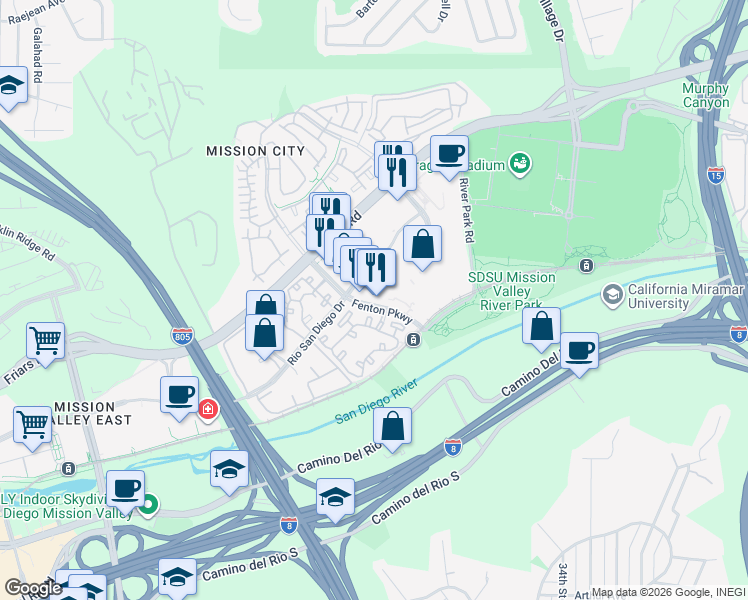 map of restaurants, bars, coffee shops, grocery stores, and more near 2298 Fenton Parkway in San Diego