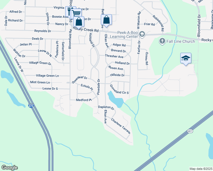 map of restaurants, bars, coffee shops, grocery stores, and more near 2498 Greenleaf Drive in Macon