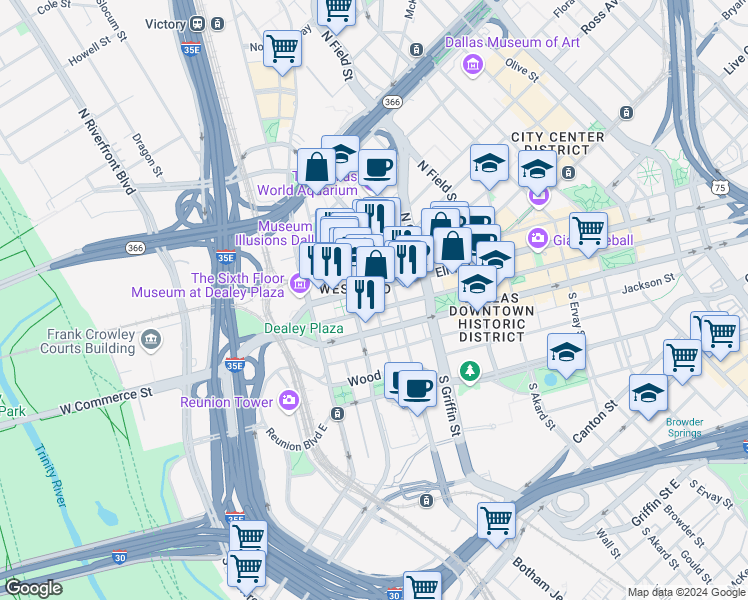 map of restaurants, bars, coffee shops, grocery stores, and more near 705 Main Street in Dallas