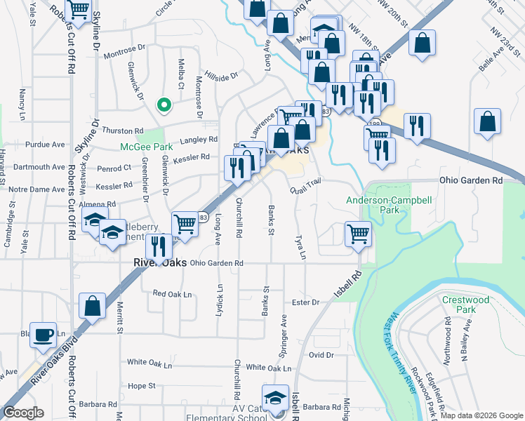 map of restaurants, bars, coffee shops, grocery stores, and more near 1220 Banks Street in River Oaks