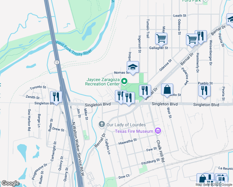 map of restaurants, bars, coffee shops, grocery stores, and more near 3020 Claibourne Boulevard in Dallas