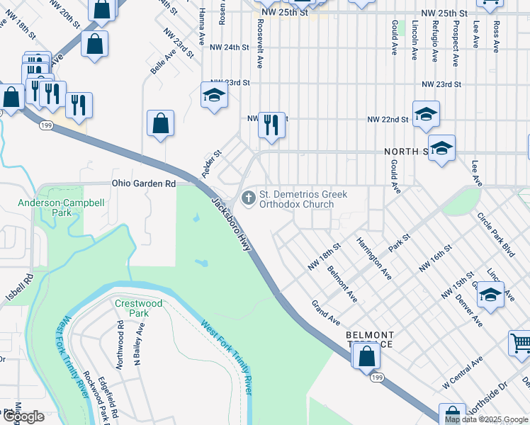 map of restaurants, bars, coffee shops, grocery stores, and more near 1353 Francis Street in Fort Worth