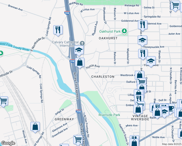map of restaurants, bars, coffee shops, grocery stores, and more near 901 Oakhurst Scenic Drive in Fort Worth
