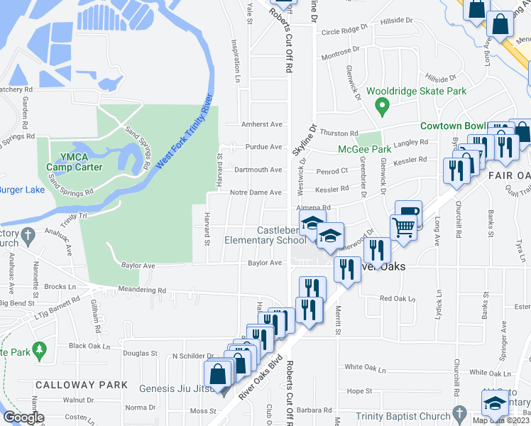 map of restaurants, bars, coffee shops, grocery stores, and more near 1212 Oxford Street in River Oaks