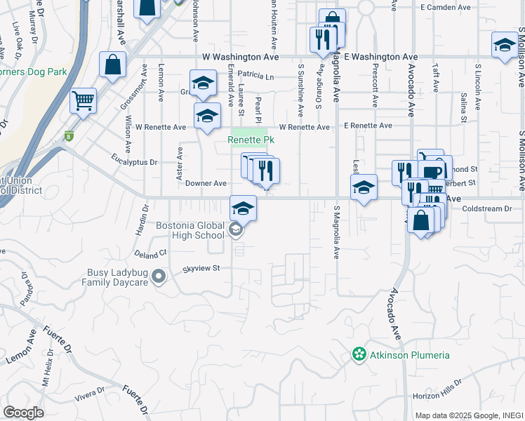 map of restaurants, bars, coffee shops, grocery stores, and more near 411 West Chase Avenue in El Cajon