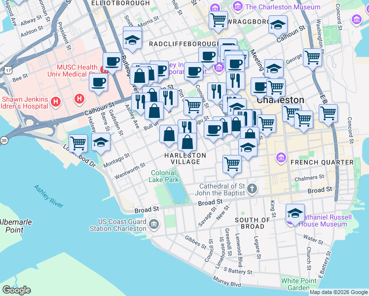map of restaurants, bars, coffee shops, grocery stores, and more near 151 Wentworth Street in Charleston