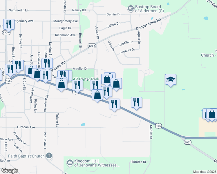map of restaurants, bars, coffee shops, grocery stores, and more near 2021 East Madison Avenue in Bastrop