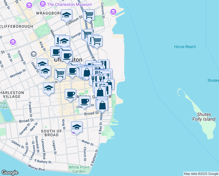map of restaurants, bars, coffee shops, grocery stores, and more near 175 Concord Street in Charleston