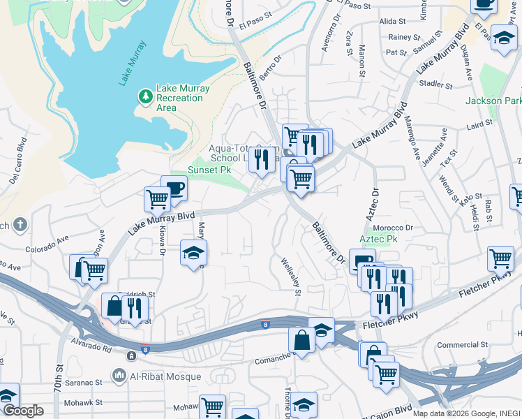 map of restaurants, bars, coffee shops, grocery stores, and more near 5575 Shasta Lane in La Mesa