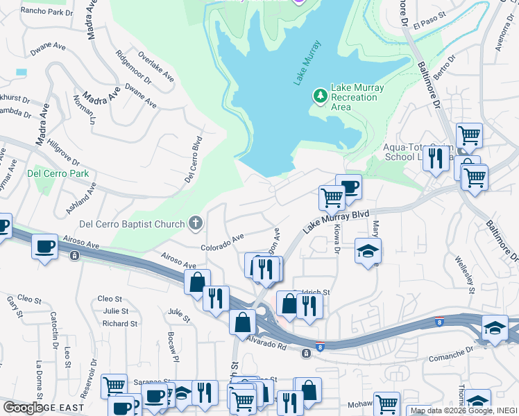 map of restaurants, bars, coffee shops, grocery stores, and more near 7001 Wyoming Avenue in La Mesa