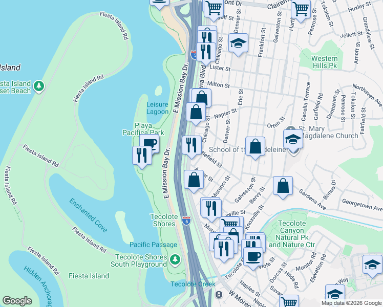 map of restaurants, bars, coffee shops, grocery stores, and more near 1550 Goldfield Street in San Diego